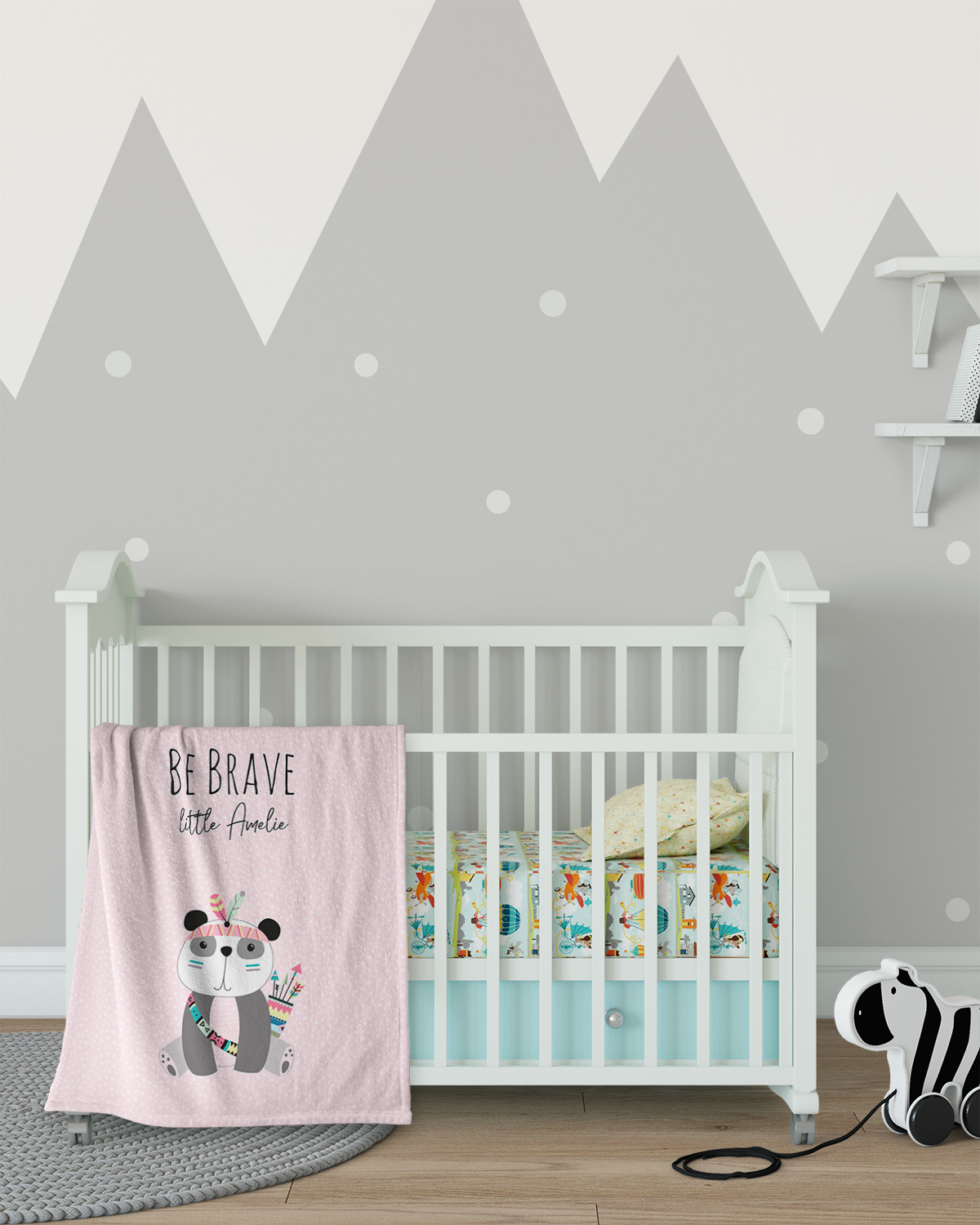 Be brave - Panda rosa - Babydecke mit Namen