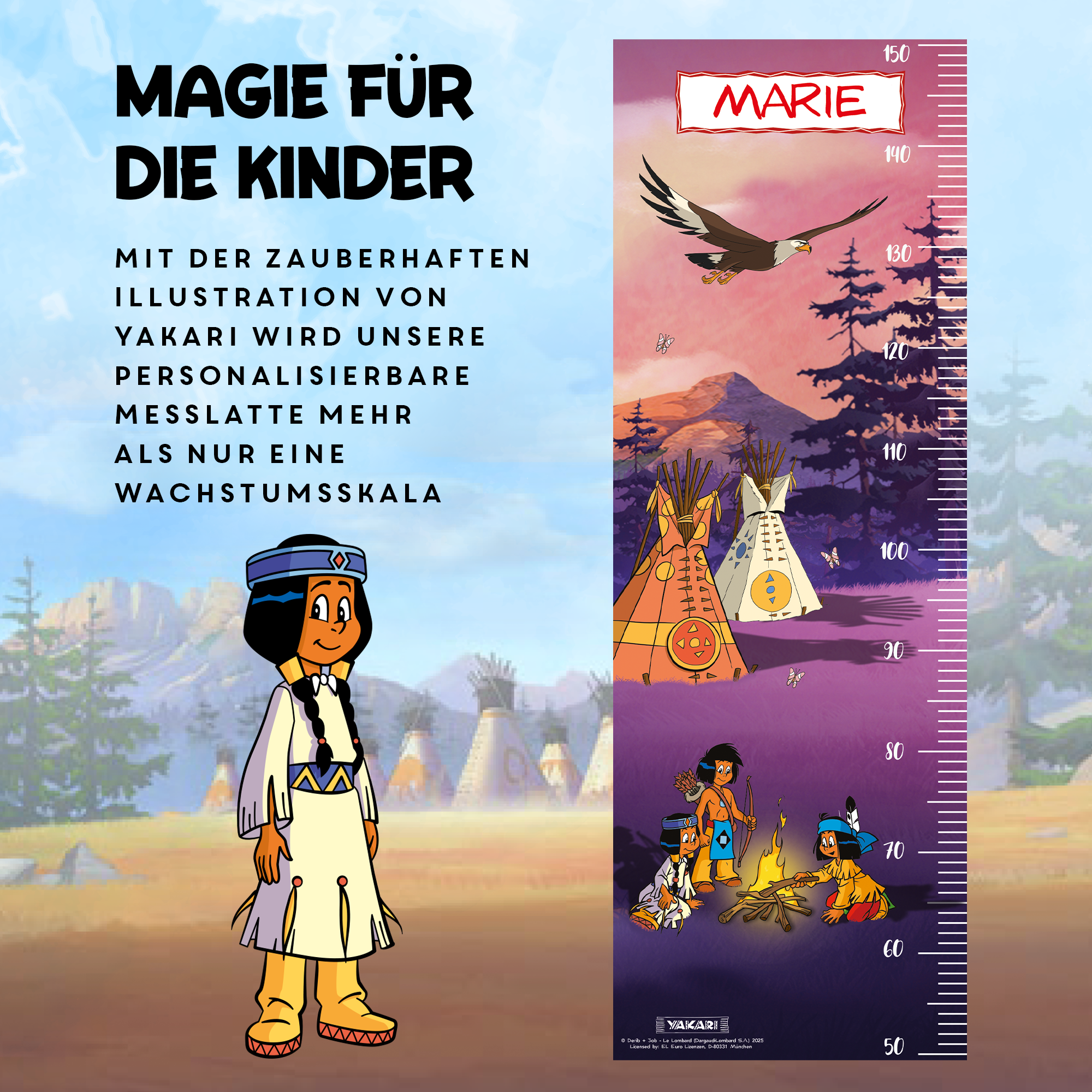 Yakari Messlatte für Kinder personalisiert mit Namen und eigenen Texten - Design Lagerfeuer