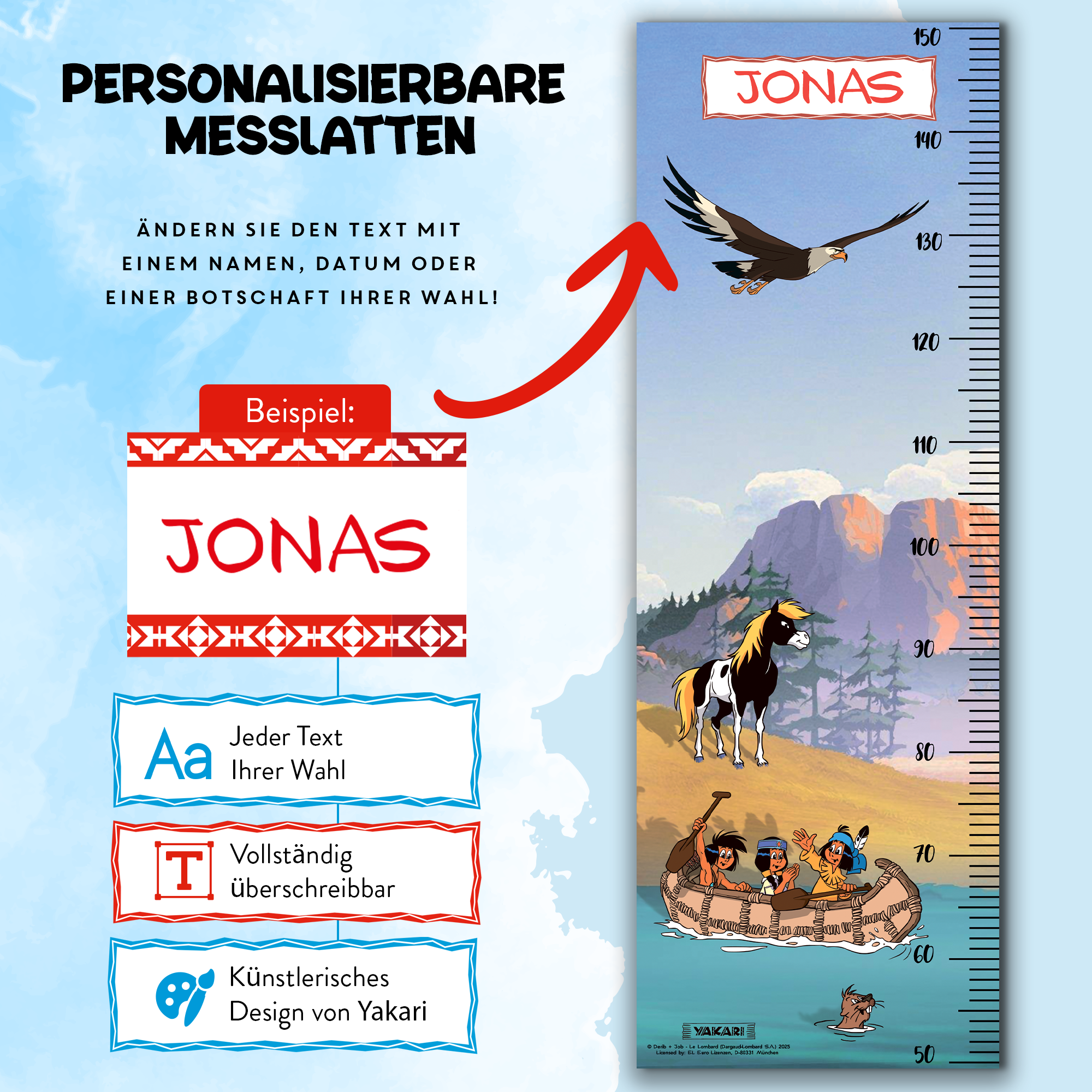 Yakari Messlatte für Kinder personalisiert mit Namen und eigenen Texten - Design Tag am Fluss