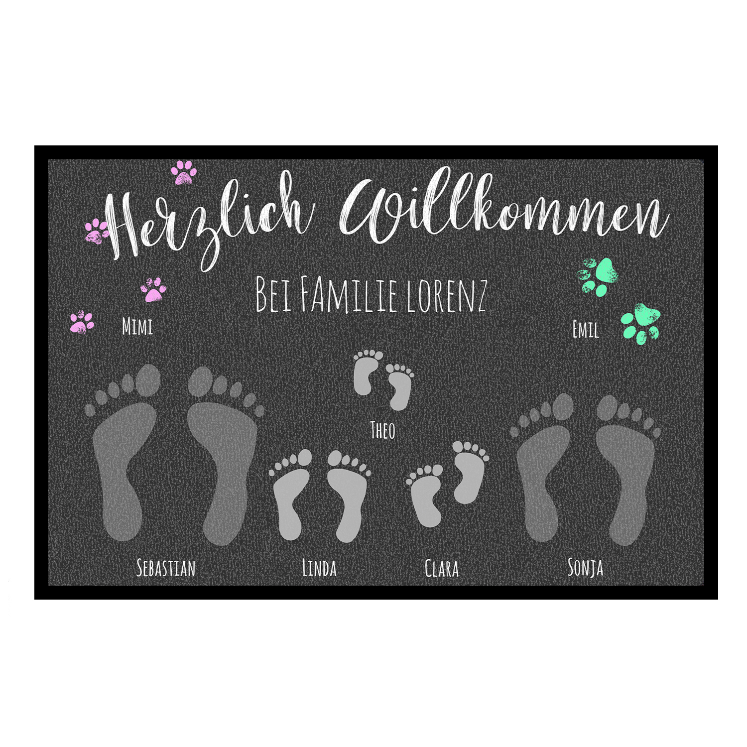 Fußabdrücke - 2 Erwachsene, 3 Kinder, Hund, Katze