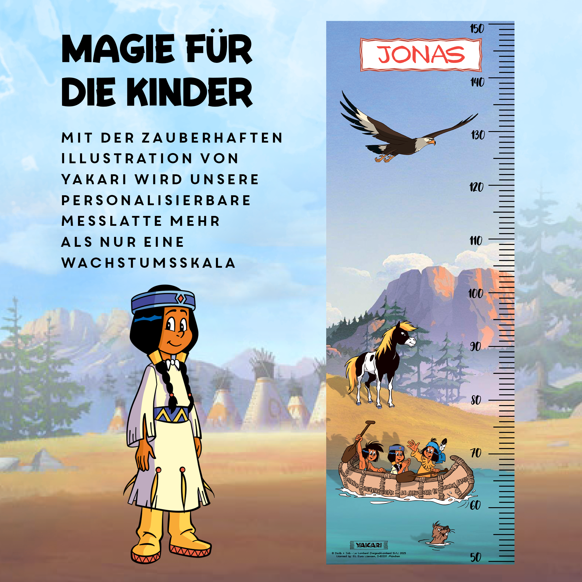 Yakari Messlatte für Kinder personalisiert mit Namen und eigenen Texten - Design Tag am Fluss