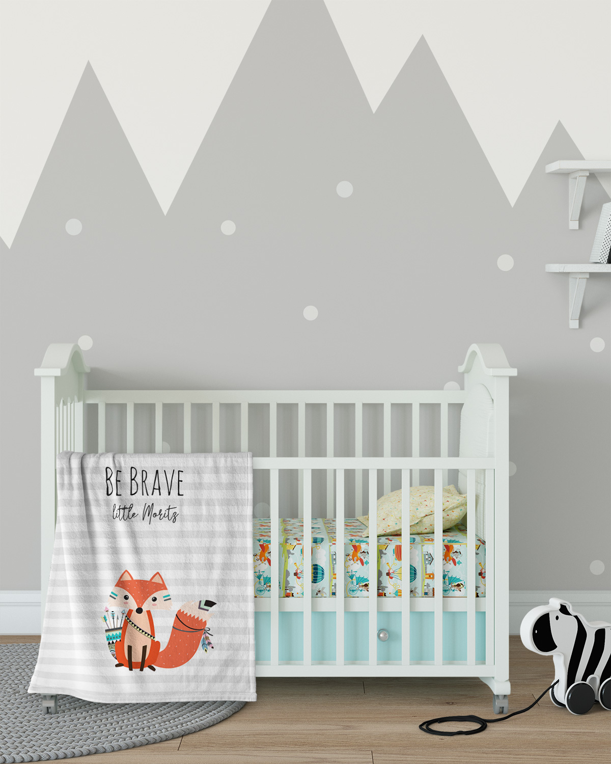 Flauschige 75x100 cm Kuscheldecke mit Namen oder Text personalisierbar im Design Be brave Fuchs grau