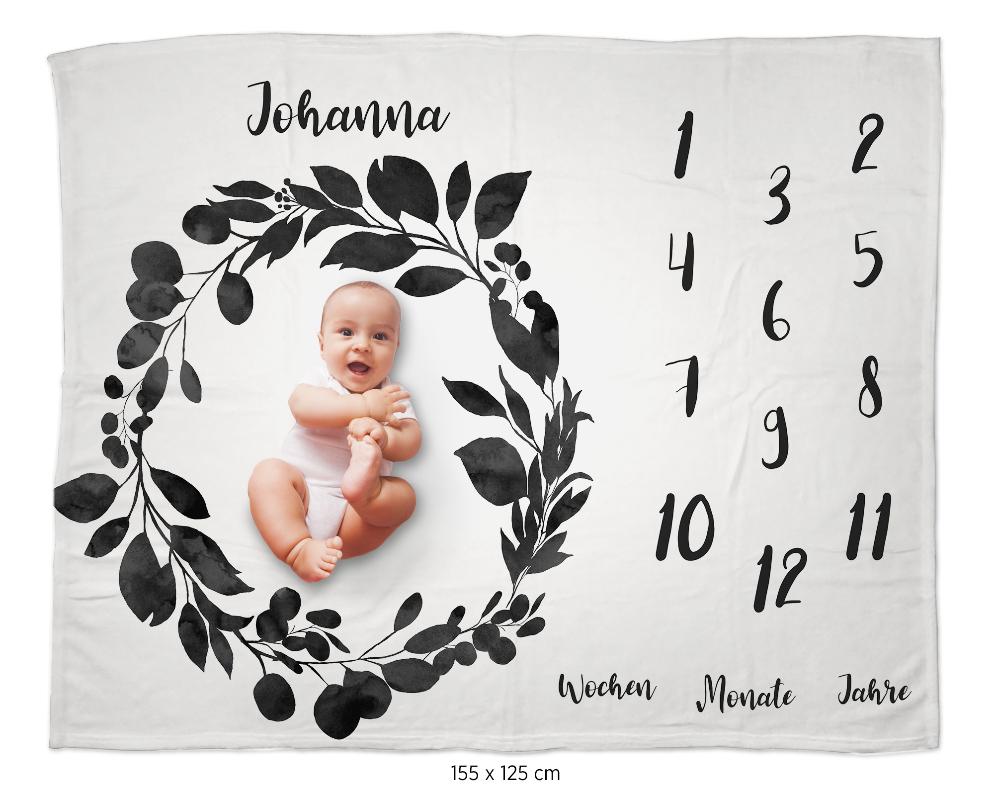 Black and white wreath  - Babydecke mit Namen