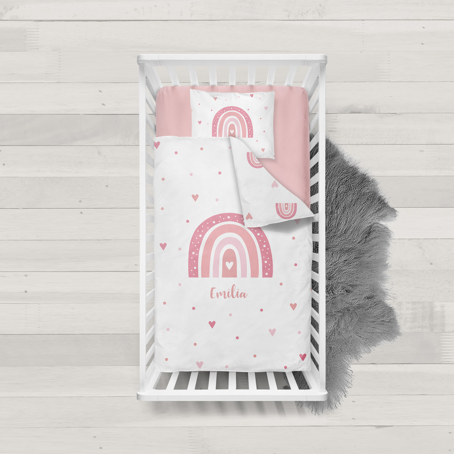 Regenbogen Herzchen pink - Bettbezug mit Namen