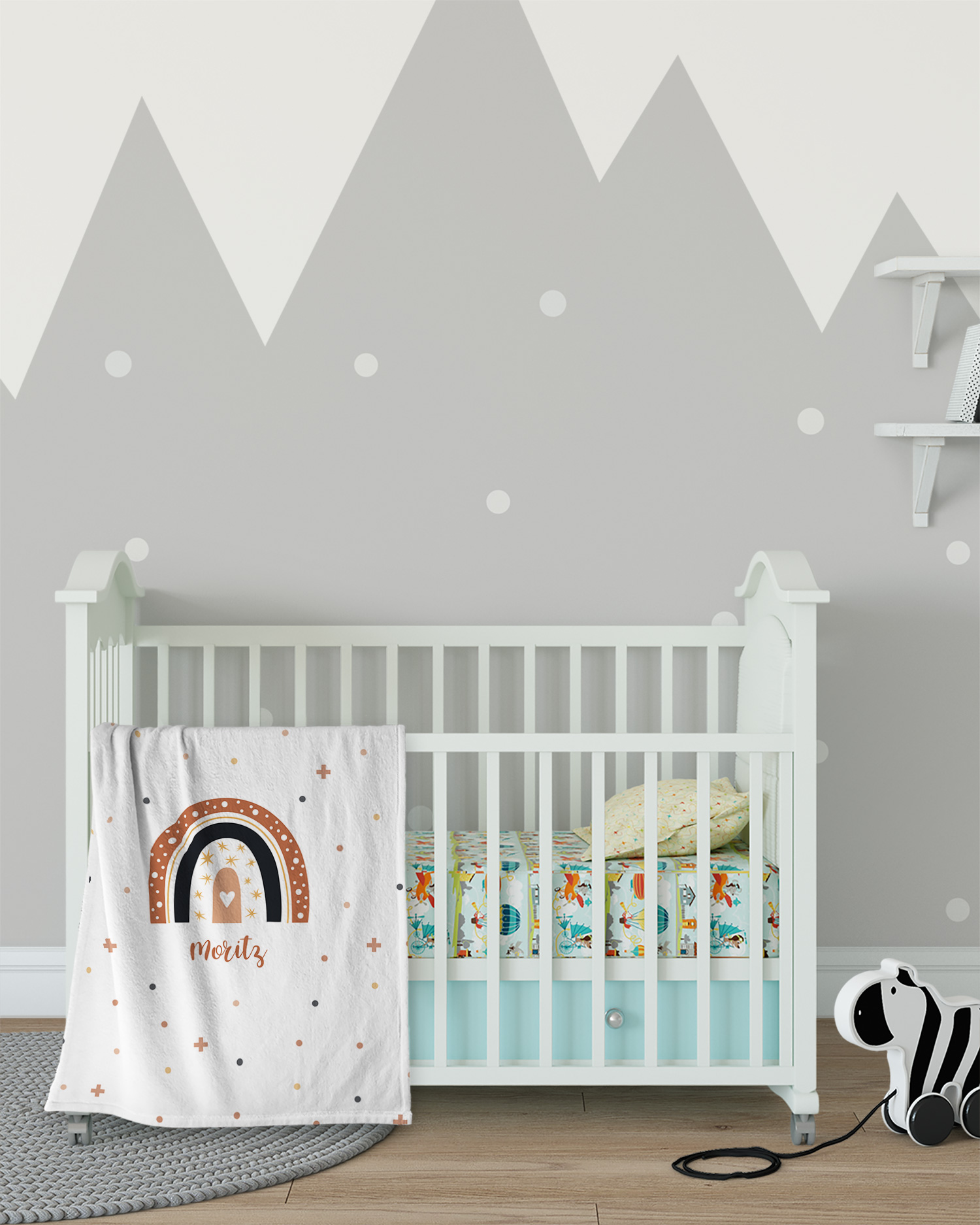 Flauschige Kuscheldecke 75x100 cm mit Namen oder Text personalisierbar im Design Regenbogen Kreuze