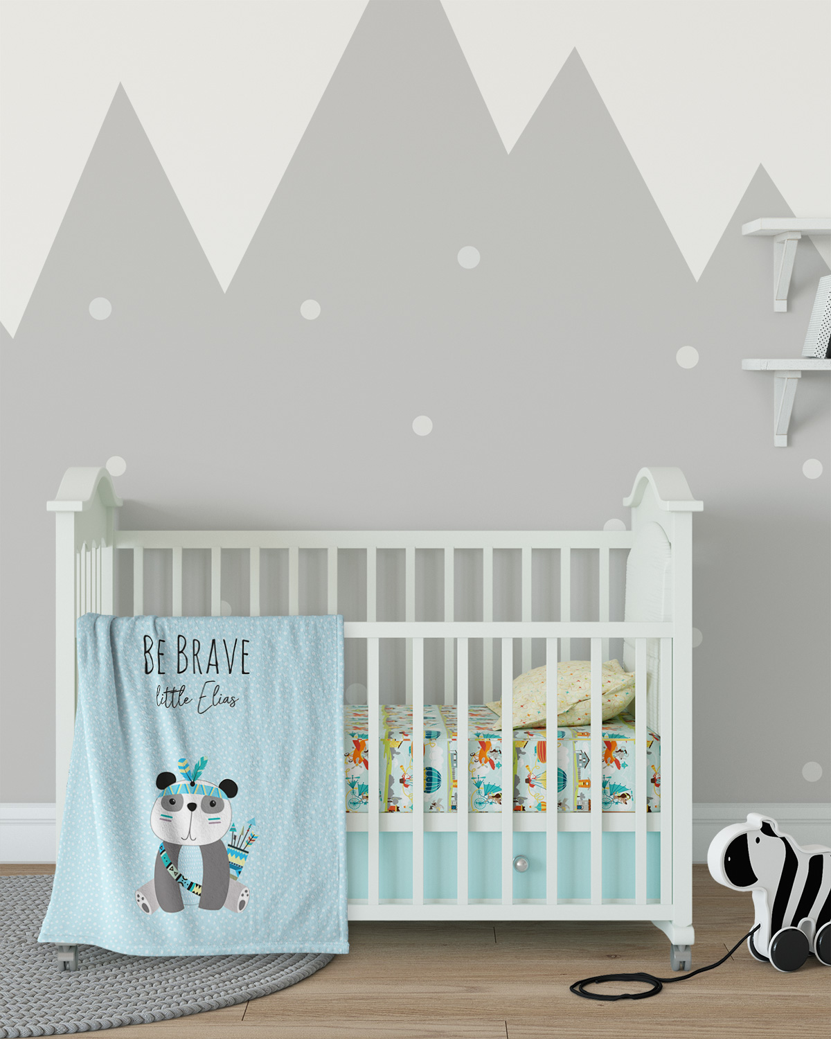 Be brave - Panda blau - Babydecke mit Namen