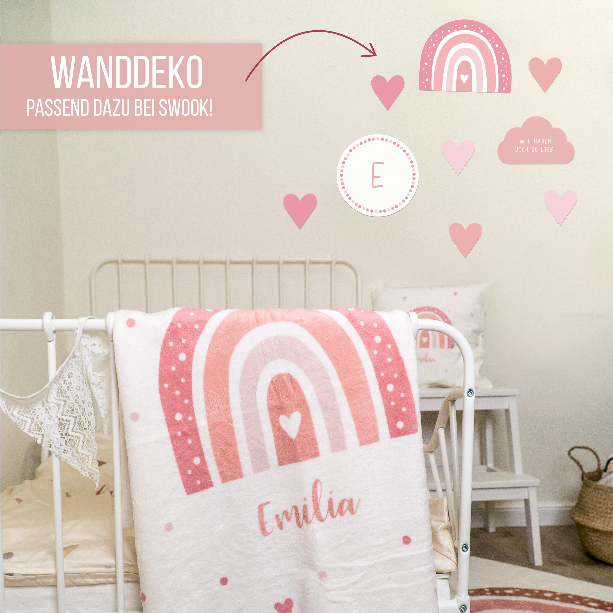 Regenbogen Herzchen pink - Babydecke mit Namen