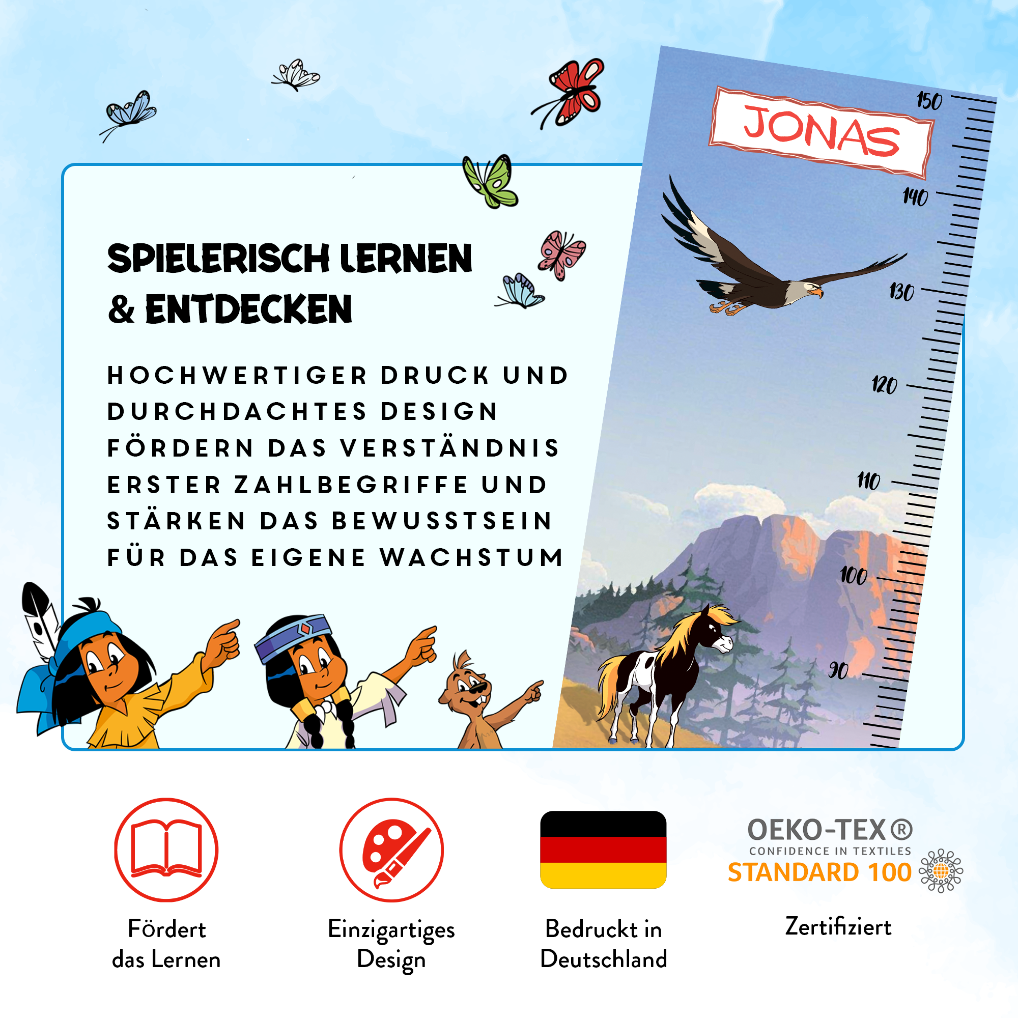 Yakari Messlatte für Kinder personalisiert mit Namen und eigenen Texten - Design Tag am Fluss